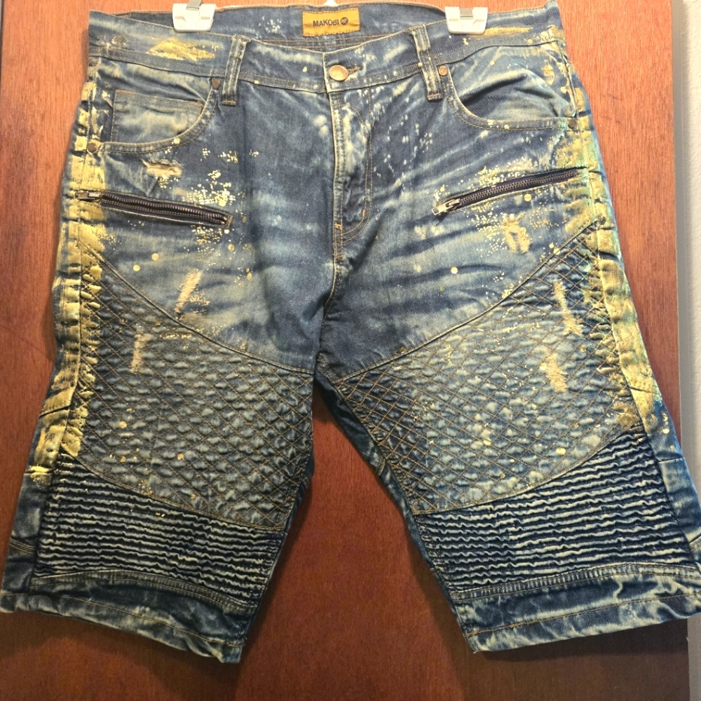 MAKOBI blue & gold distressed NEW JORTS! sz36